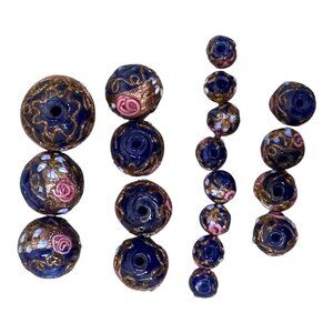 Lampwork Glass Beads Midnight Blue Rose Gold Swirl Artisan Jewelry Lot Of 19